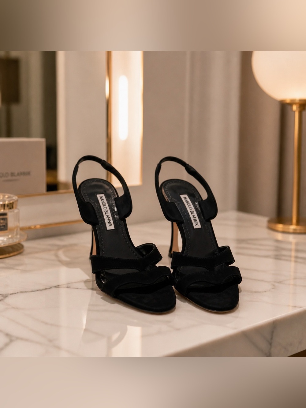 Manolo Blahnik Black Suede  Strappy Open Toe Suede Slingback Heels